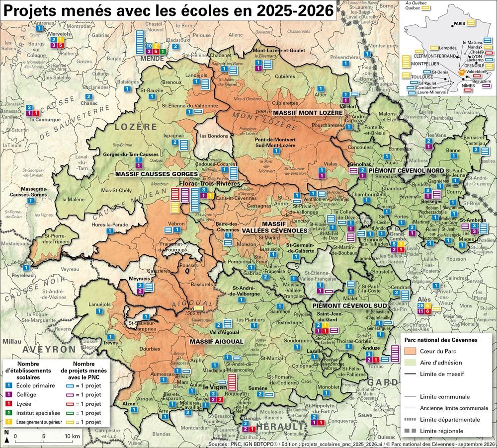 carte des projets scolaires du Parc national des Cévennes