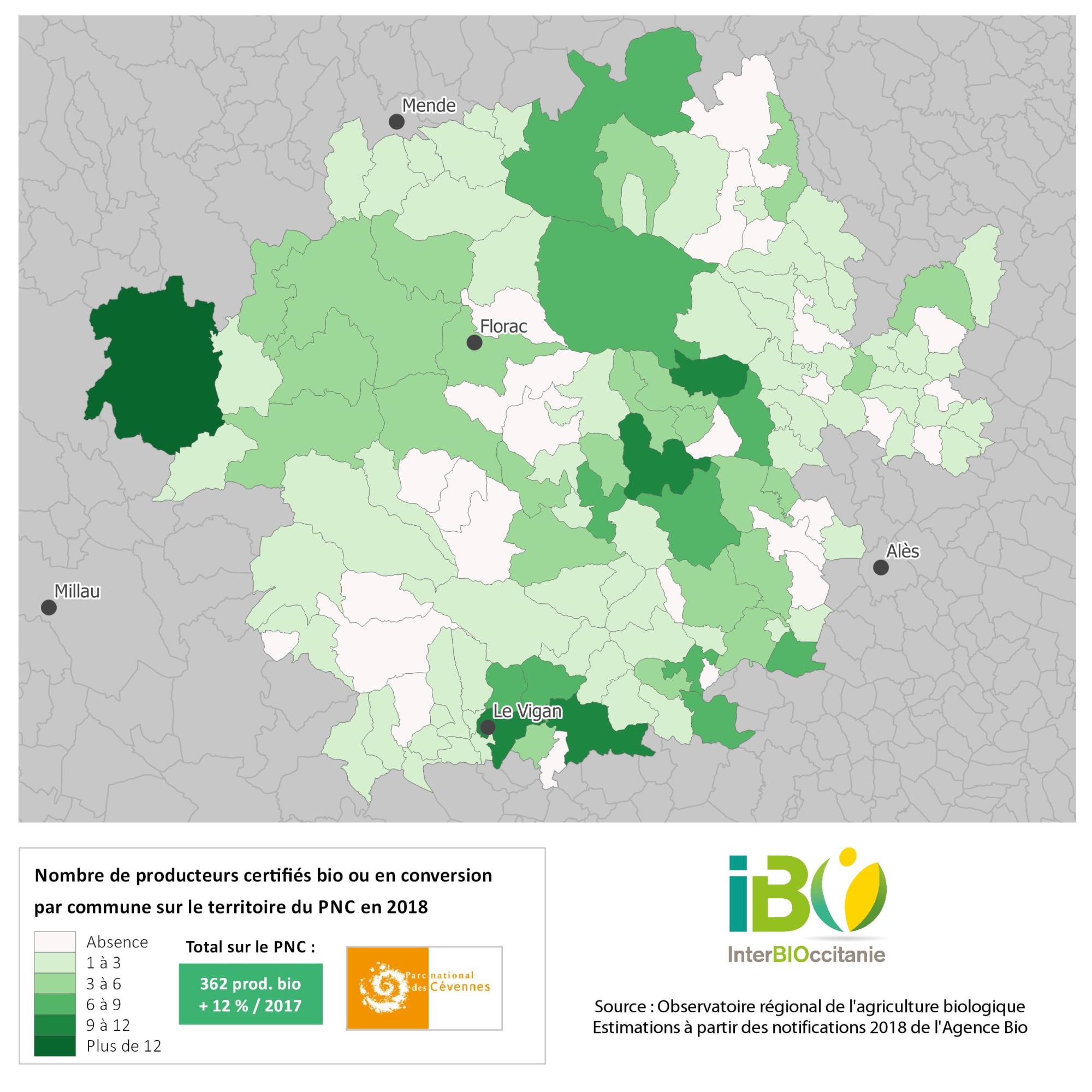 Cartes des agriculteurs bio ou en conversion sur le territoire du Parc © InterBIOccitanie 